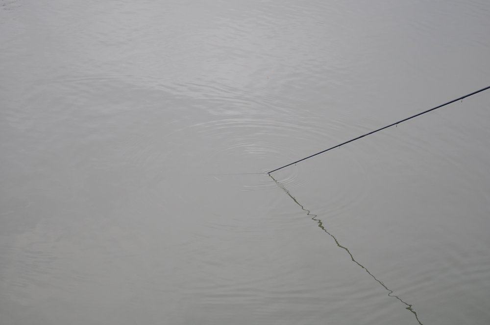 Na de worp de hengeltop onder water steken om de lijn af te zinken.